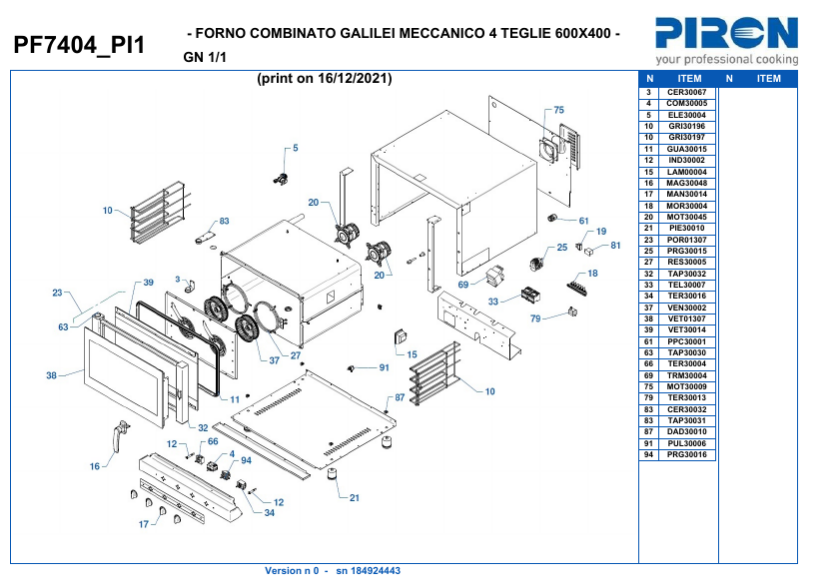Деталировка для Пароконвектомат PF7404 PI1 PIRON
