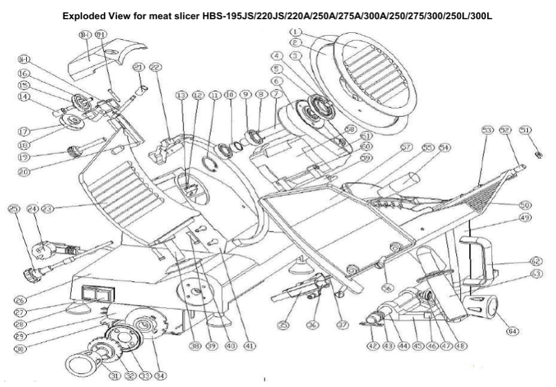 Деталировка для HBS-195JS 220JS 220A 250A 275A 300A 250 300 250L 300L meat slicer exploded drawing_19.03.18